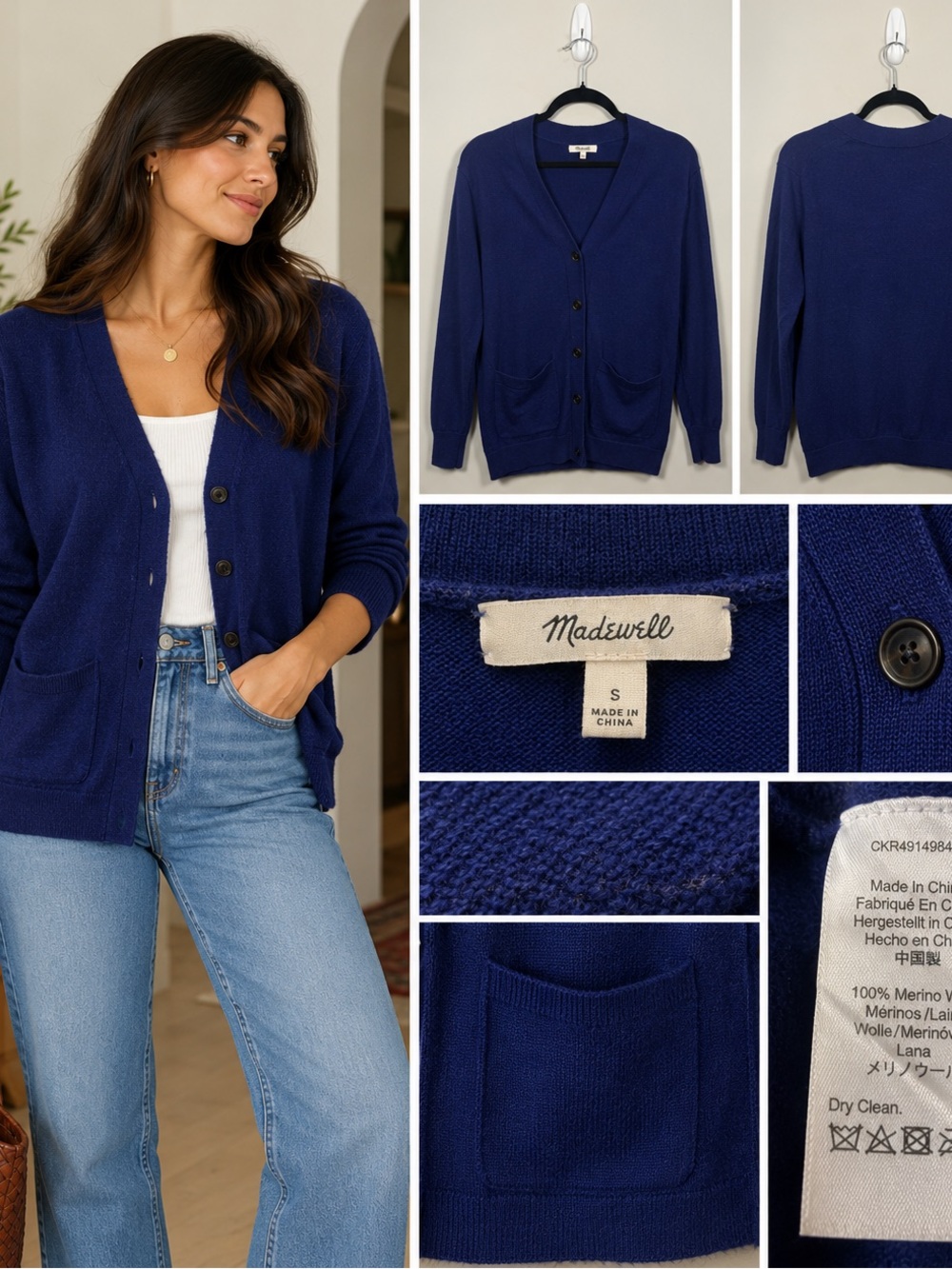 Madewell Navy Blue V-Neck Button Cardigan with Pockets
